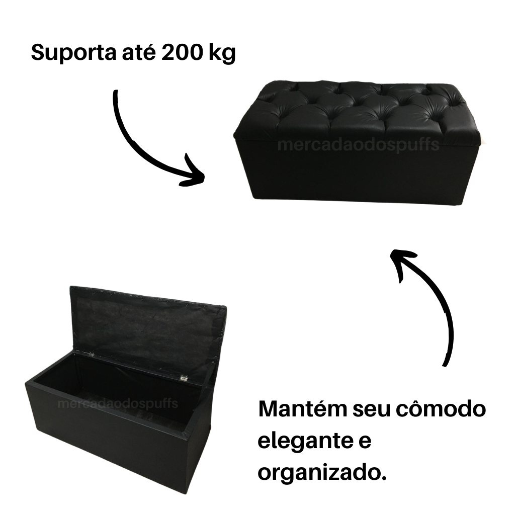 Bau Solteiro Capitonê Pé de Cama Decoração Guarda Objetivos - Preto Corino - 3