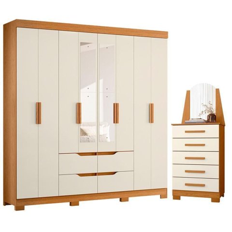 Guarda Roupa Casal com Cômoda New Veneza 8 Portas de Bater 9 Gavetas MDP Cinamomo Off White