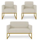 Ver imagem 1 de Kit Namoradeira e 2 Poltronas Decorativas Base Industrial Dourada Maressa A19 Linho Grosso Bege -