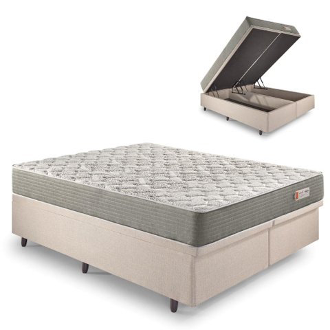 Base Box Baú King 193x203 Linho Bege com Colchão Ecoline D40 Espuma