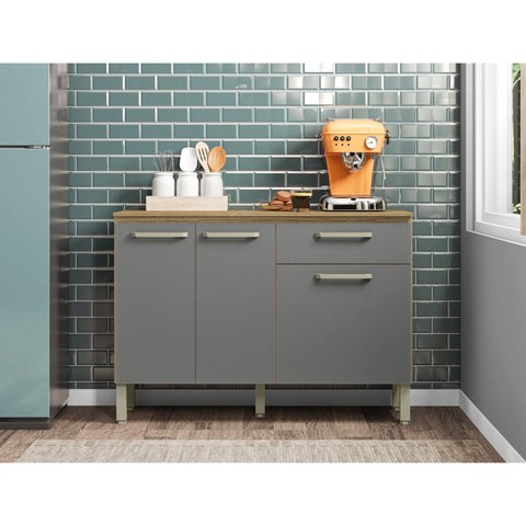 Balcão 120cm 3 Portas 1 Gaveta com Tampo Versalhes Freijó/Gris