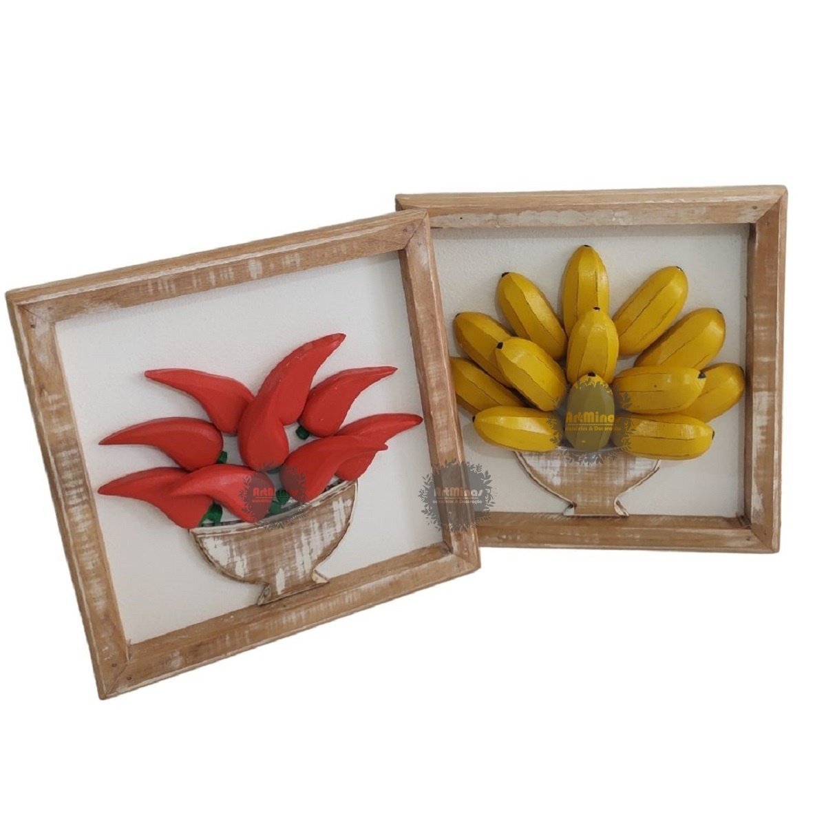 Kit quadros rústicos decorativo em madeira banana/pimenta artesanal