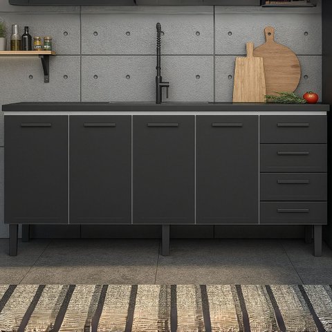 Gabinete de Cozinha 174cm Armário 100% Aço 4 Porta 4 Gavetas:Preto