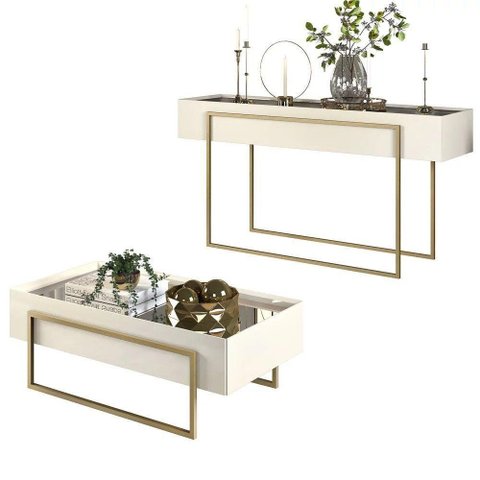 Conjunto Aparador e Mesa de Centro Espelhada Suri Creme