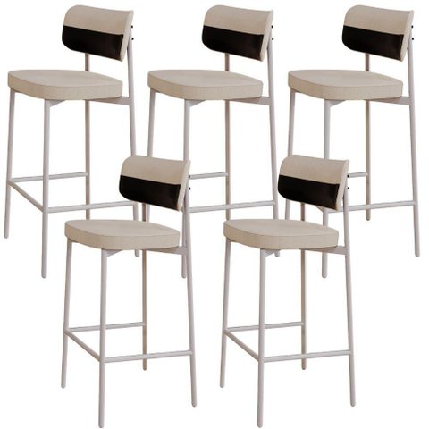 Kit 05 Banquetas Alta Bar Cozinha Sala de Jantar Aço Branco Kaira C01 Linho Areia Courino Preto -