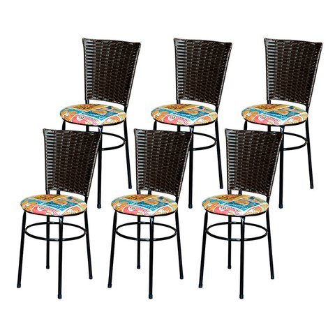 6 Cadeiras para Mesa Preta Hawai Marrom Assento Floral:happy Hour