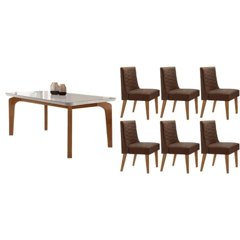 Conjunto: Mesa Sala Jantar Londrina Tampo c/ Vidro Curvo 180cm+6 Cadeiras Dafne Madeira Naturale/Off