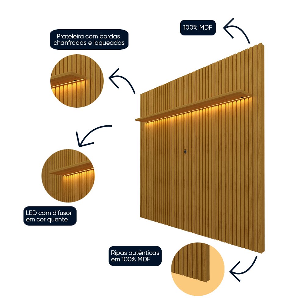 Painel para TV até 75 Polegadas Ripado com LED 185cm 100% MDF Nobre - 14