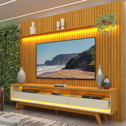 Rack com Painel Ripado para TV até 90 Polegadas 100% MDF com LED 229CMX250CM Pés em Madeira Maciça Elegance Yescasa Marrom