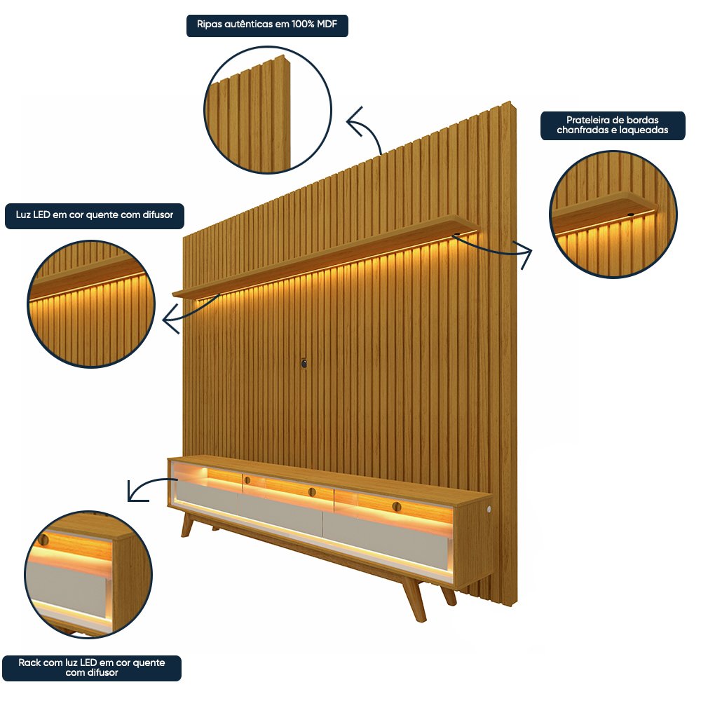 Rack com Painel Ripado para TV até 75 Polegadas LED 3 Gavetas com Pés 230cm Nobre Gelius - 11