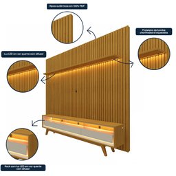 Rack com Painel Para TV até 90 Polegadas com LED 229cm 100% MDF Pés de Madeira Elegance Yescasa - 11