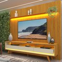 Ver imagem 1 de Rack com Painel Ripado para TV até 90 Polegadas 100% MDF com LED 229CMX250CM Pés em Madeira Maciça Elegance Yescasa Marrom