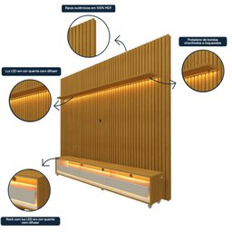 Rack com Painel Ripado para TV até 90 Polegadas LED 3 Gavetas com Rodízios 230cm Gelius Naturale 100% MDF - 11
