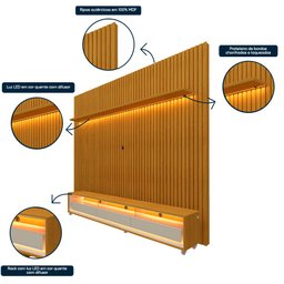 Rack com Painel Ripado para TV até 90 Polegadas 250cmx230cm LED 3 Gavetas com Rodízios 100% MDF - 12