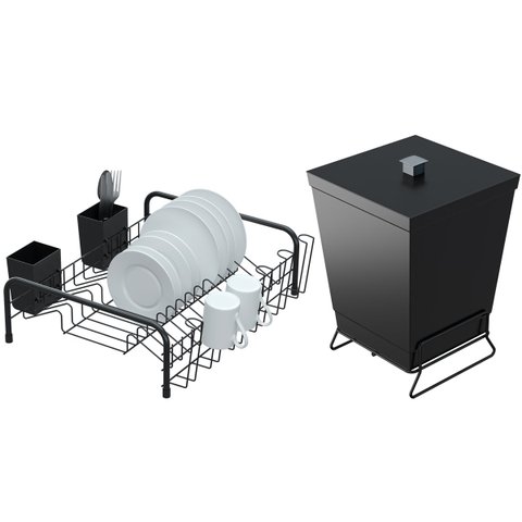 Conjunto para Pia de Cozinha Lixeira Quadrada 6,5l e Escorredor de Louças Preto Fosco Stolf