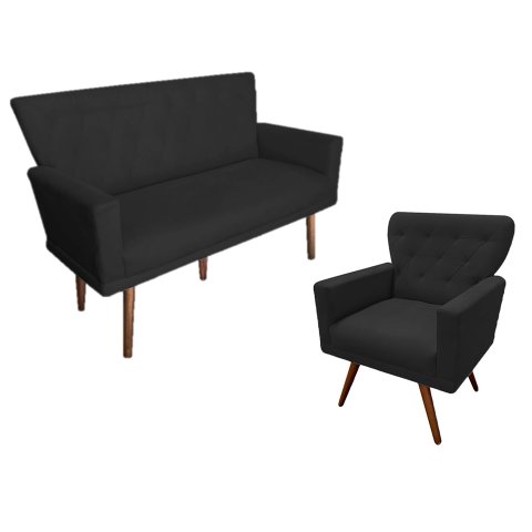 Kit Namoradeira + 1 Poltrona Decorativa Aurora Suede Preto Pés Madeira Mz Decor