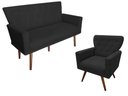 Ver imagem 1 de Kit Namoradeira + 1 Poltrona Decorativa Aurora Suede Preto Pés Madeira Mz Decor