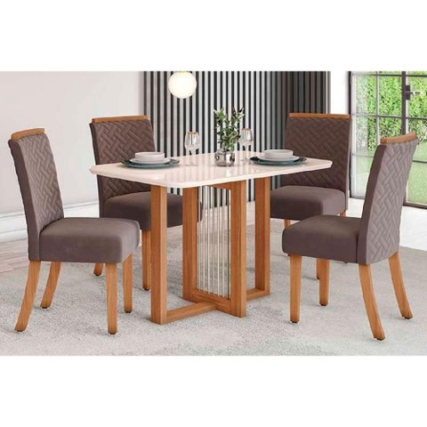 Conjunto: Mesa Sala Jantar Natalí C/ Tampo Madeirado C/ Vidro Curvo 120x80cm e 4 Cadeiras Malu