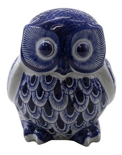 Coruja Decorativa Enfeite Porcelana Azul E Branca 22x20:Azul