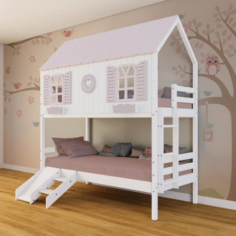 Beliche Casinha Bela com Coração Kit Escada/escorregador - Madeira Maciça Branco/rosa |
