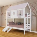 Ver imagem 1 de Beliche Casinha Bela com Coração Kit Escada/escorregador - Madeira Maciça Branco/rosa |
