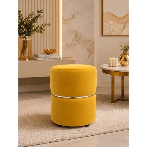 Puff Cinta no Meio Prata ,em Tecido Veludo , Amarelo - Let  Móveis