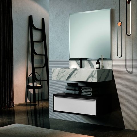 Conjunto para Banheiro 1 Espelho Bisotê 1 Gaveteiro 1 Bancada com Cuba Max Blu Lavatórios 