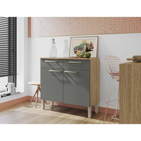 Balcão de Cozinha 2 Portas 2 Gavetas 90,9cm Nala Cinza/Freijó/Gris