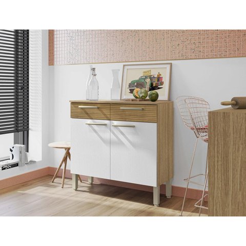 Balcão de Cozinha 2 Portas 2 Gavetas 90,9cm Nala Branco/Freijó/Supremo