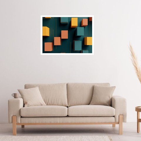 Quadro Decorativo Blocos Verde Amarelo Geométrico - 50x70cm:moldura Branca