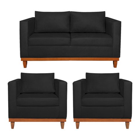 Kit Sofá 3 Lugares e 2 Poltronas Europa 180 cm Estilo Conforto e Elegância Suede Preto - ADJ Decor