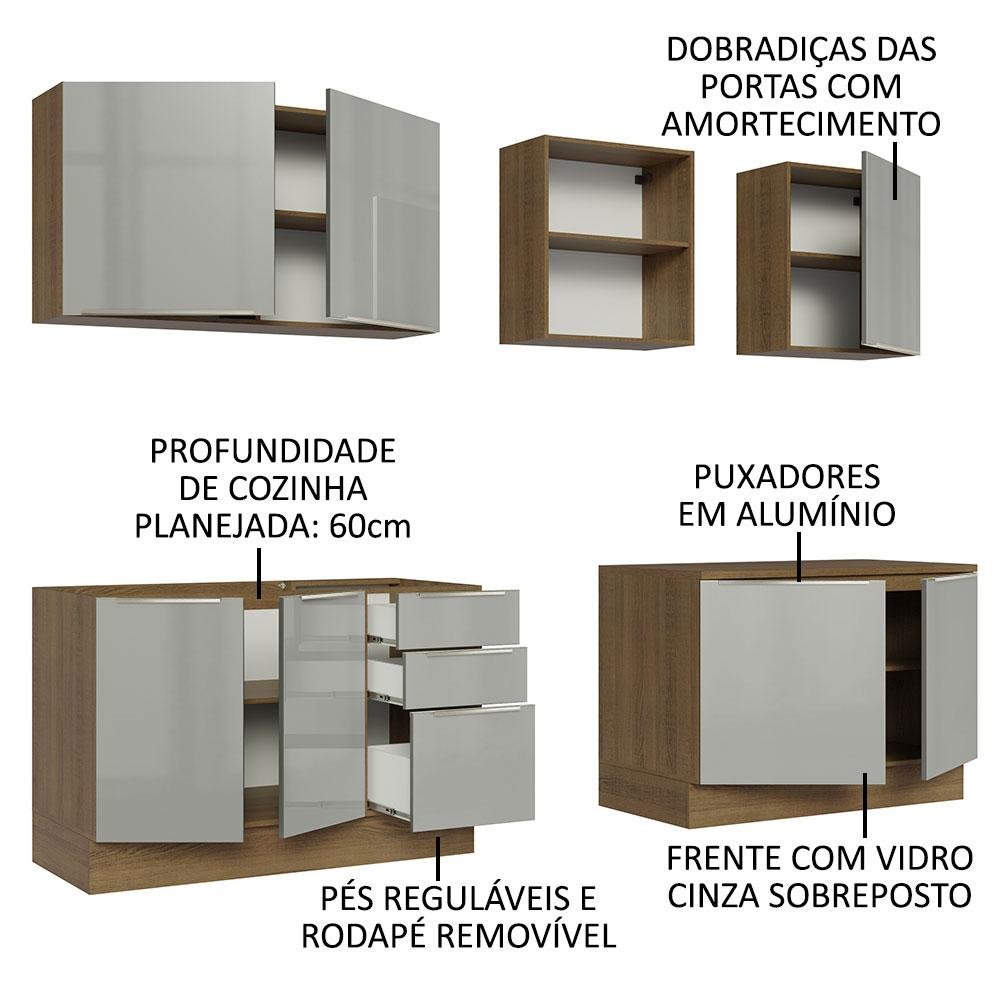 Armário de Cozinha Completa 240cm Rustic/Cinza Lux Madesa 05 - 5