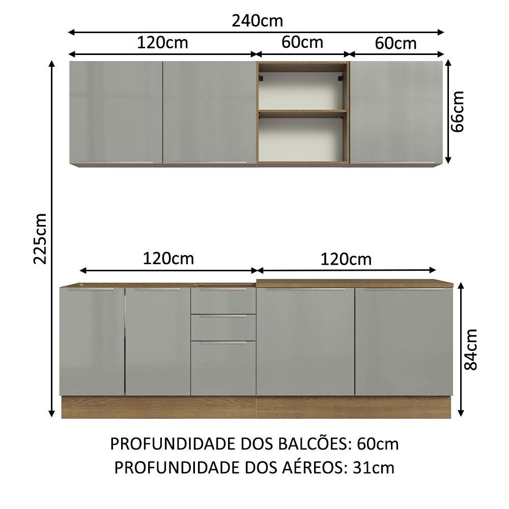 Armário de Cozinha Completa 240cm Rustic/Cinza Lux Madesa 05 - 4