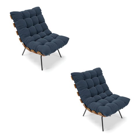 Kit 02 Poltronas Costela Suede Azul Marinho Base Metálica Preto - D’Rossi
