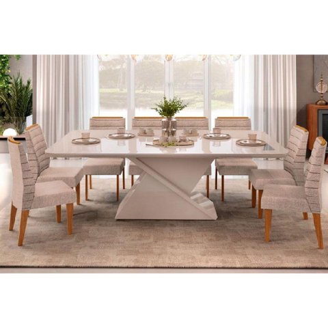 Sala de Jantar Completa Zafira Tampo Madeirado C/ Vidro Curvo 200x100cm e 8 Cadeiras Ondina Off