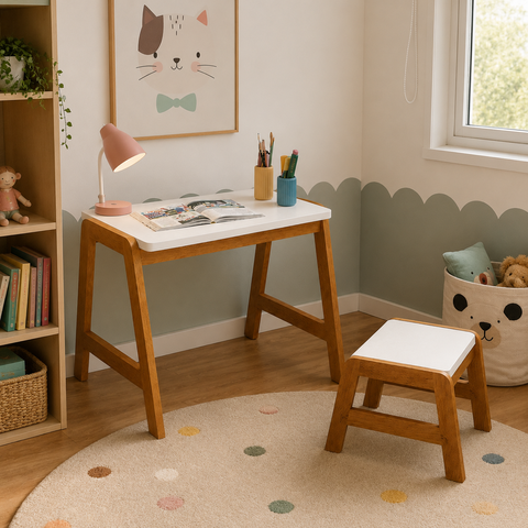 Conjunto Infantil Mesa Banquinho Resistente Pés Madeira Tampo Assento MDF Branco