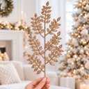 Ver imagem 2 de Folha Ramo Natalino Artificial Enfeite Glitter Gold 40cm 20 Peças