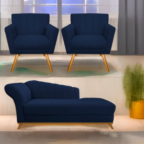 Kit Diva Recamier Vanessa 160cm Lado Direito e 02 Poltronas Laura Suede - Doce Sonho Móveis RECAMIER