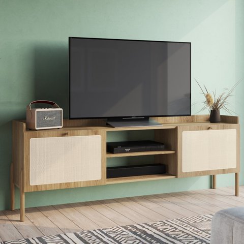 Rack para TV até 65 Polegadas 2 Portas 183cm Palhinha Pé Madeira Oslo 