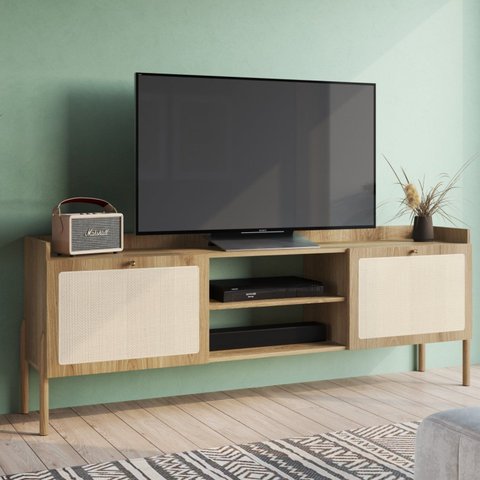 Rack para TV até 65 Polegadas 183cm Pés em Madeira Maciça 2 Portas Palhinha Oslo Marrom