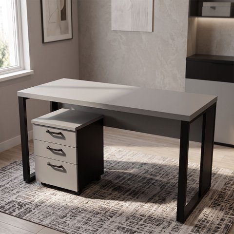 Escrivaninha 150cm X 60cm Gaveteiro 3 Gavetas Pés Metal F5 Cor:cinza Sagrado com Preto