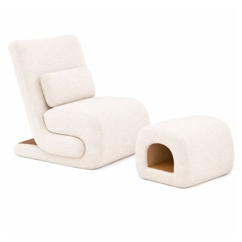 Kit Poltrona com Puff Fluxo Bouclé Off White - Sallar Home