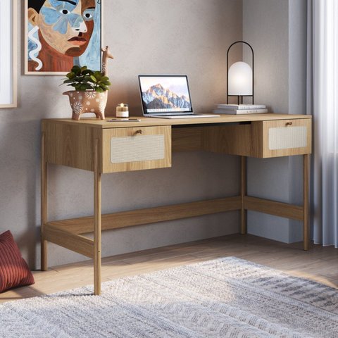 Escrivaninha Mesa Escritório Palhinha Pé Madeira Oslo 2 Gavetas 139cm Hanover