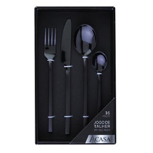 Faqueiro Duo Oslo Preto com 16 Peças - A/CASA