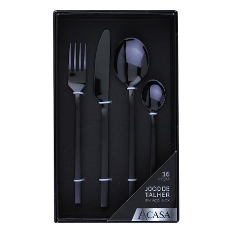 Faqueiro Duo Oslo Preto com 16 Peças - A/CASA