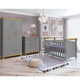 Quarto de Bebê Completo Berço 2 em 1 Cômoda 1 Porta Guarda Roupa 3 Portas Údine Retrô  - 1
