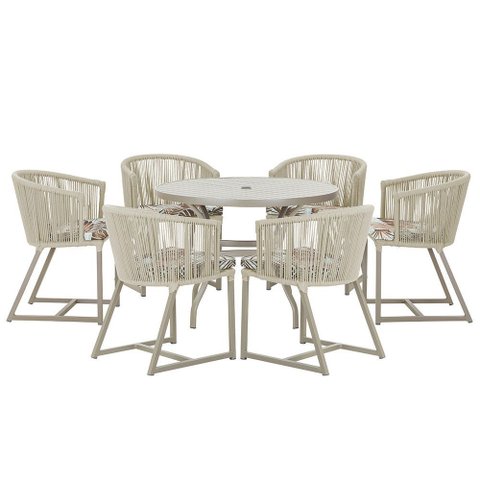 Mesa com 6 Cadeiras de Jantar Roma 120cm e Noronha em Alumínio Fendi Corda Náutica Estofado 6 Trama
