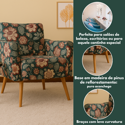 Poltrona Decorativa Estampada/florida Pé Palito Madeira Confortável - 4