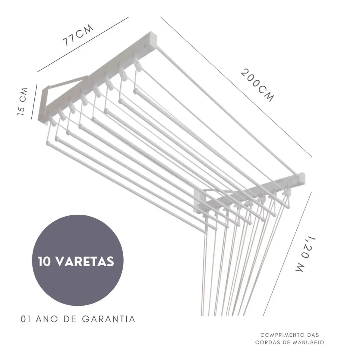 Varal De Parede Individual 200cm x 10 Varetas - Em Alumínio Branco - 2