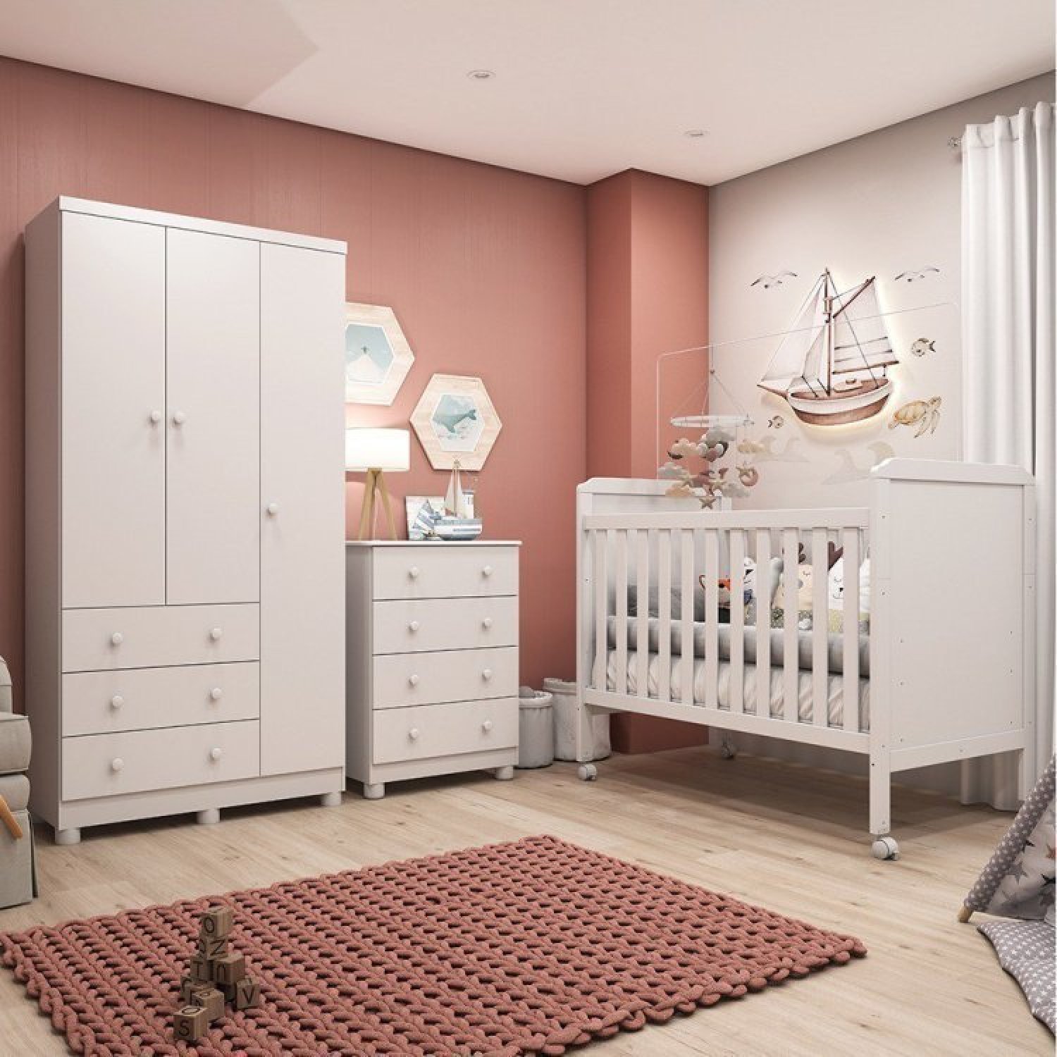 Quarto de Bebê completo Berço 2 em 1 Guarda Roupa 3 Portas Cômoda 4 Gavetas Nina Menor preço em Quarto de Bebê completo Berço 2 em 1 Guarda Roupa 3 Portas Cômoda 4 Gavetas Nina